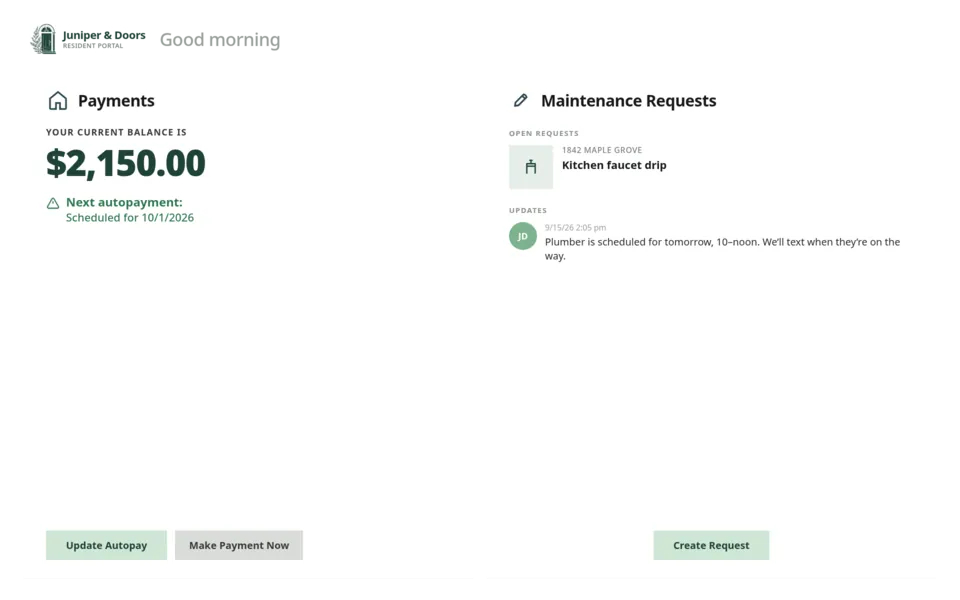 Sample Buildium resident portal branded for Juniper & Doors, showing a rent balance, autopay date, and an open maintenance request.